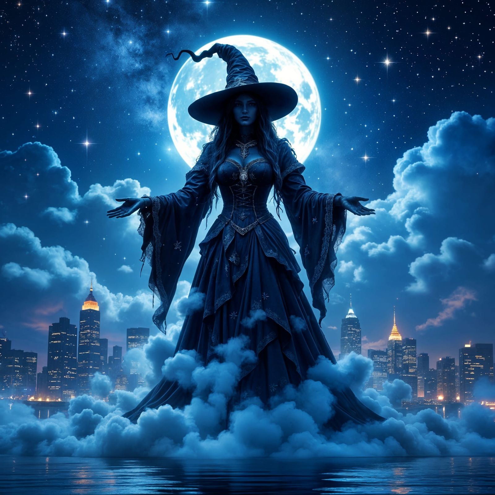 Colossal Cloud Water Witch Statue Under Starry Night Sky