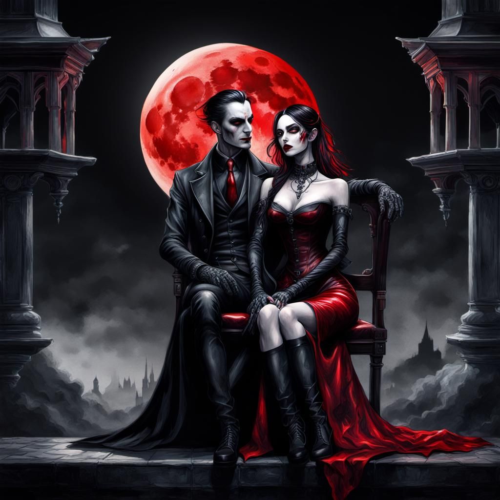 Gothic Couple Watching a Red Moon in Film Noir Style