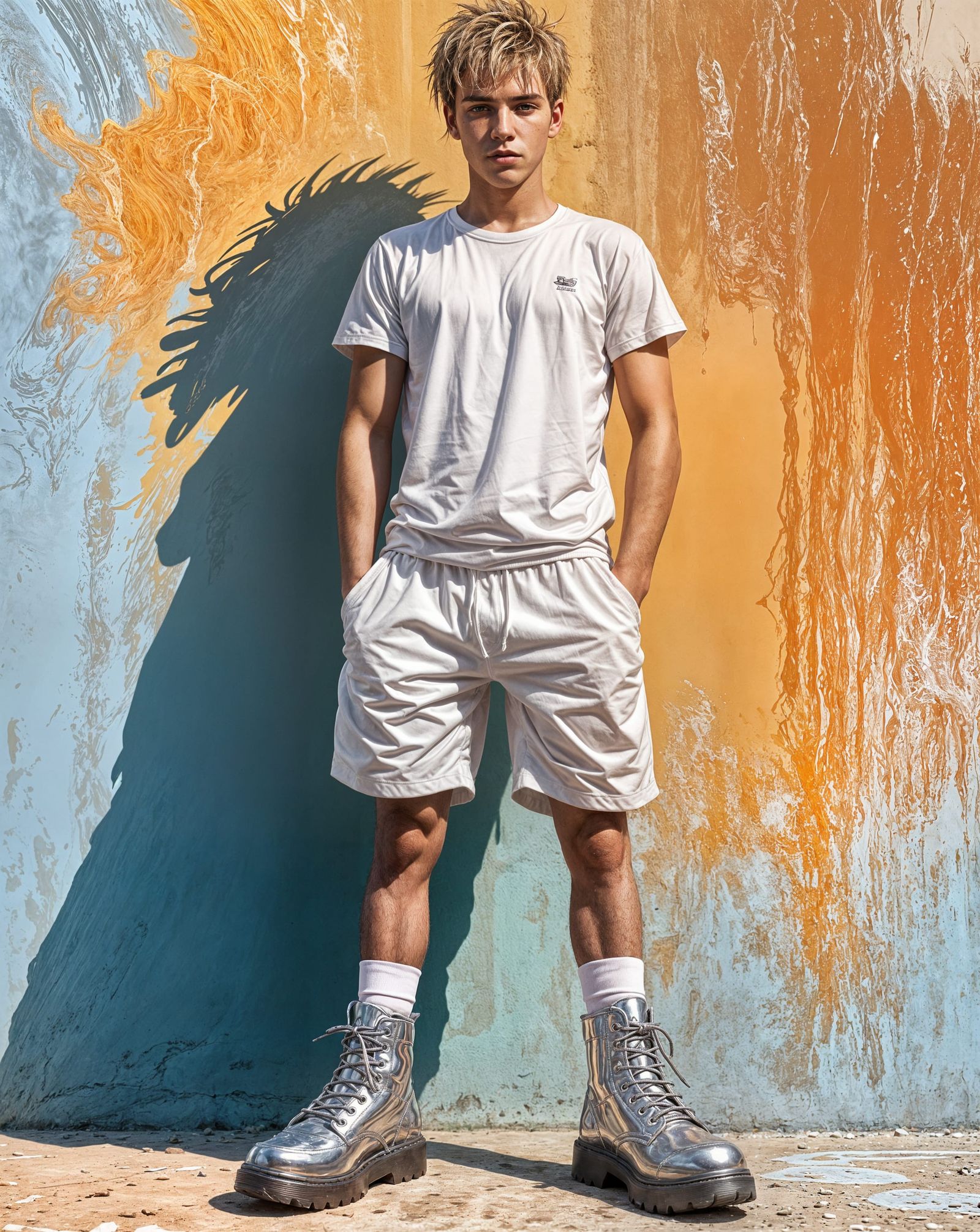 Handsome Boy Wears Oversized Silver Boots in Vibrant Colorfu...