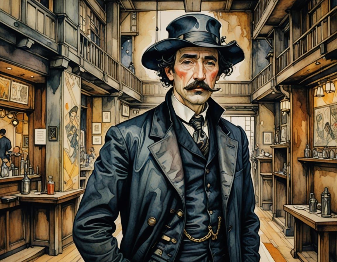 Dystopian Swashbuckler in a Flowy Watercolor Tavern