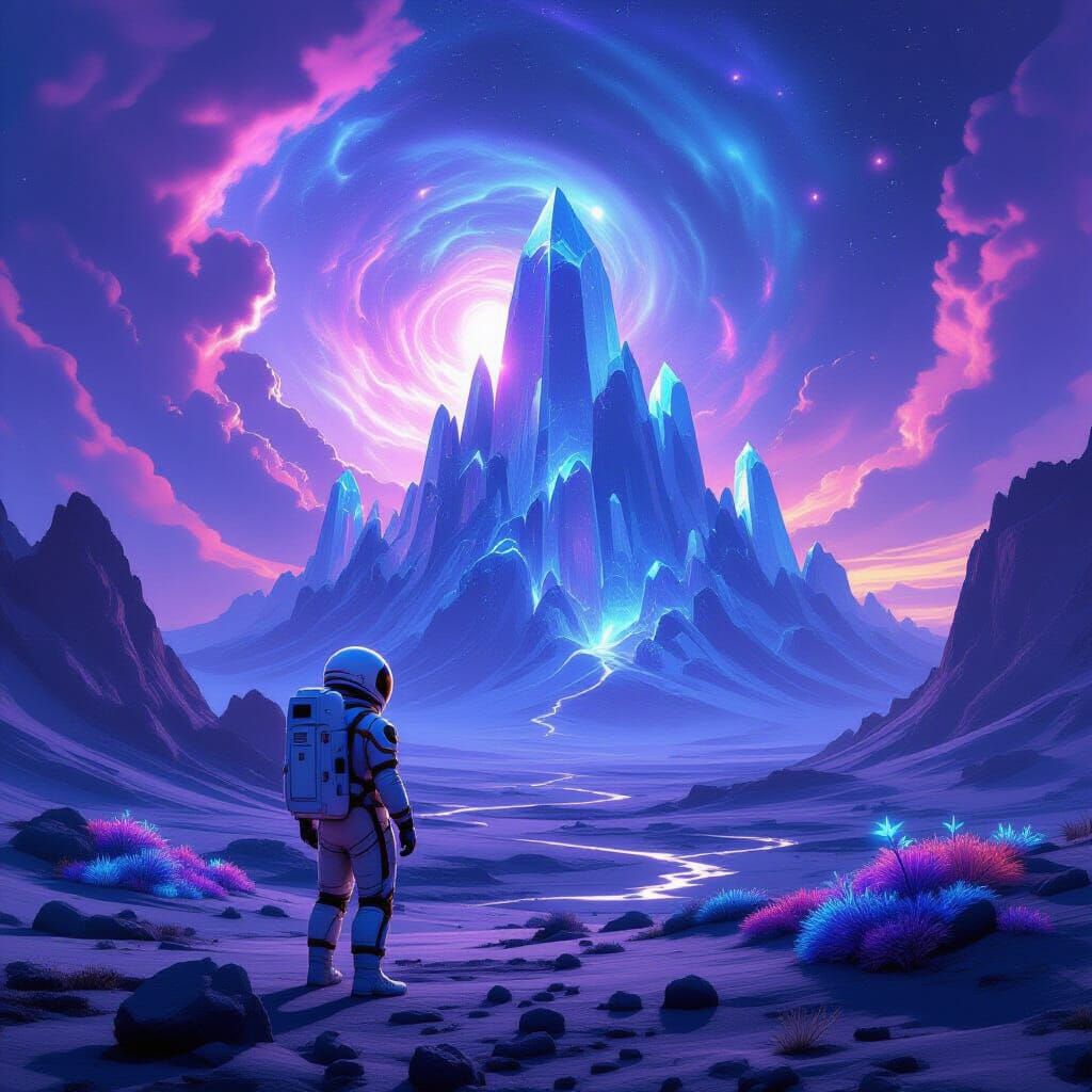 Astronaut Gazes at Crystal Mountains on Alien World