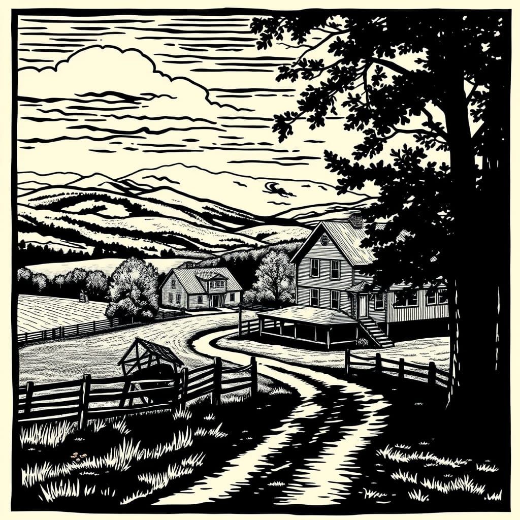 Vintage Woodcut Style Homestead Scene in Vermont