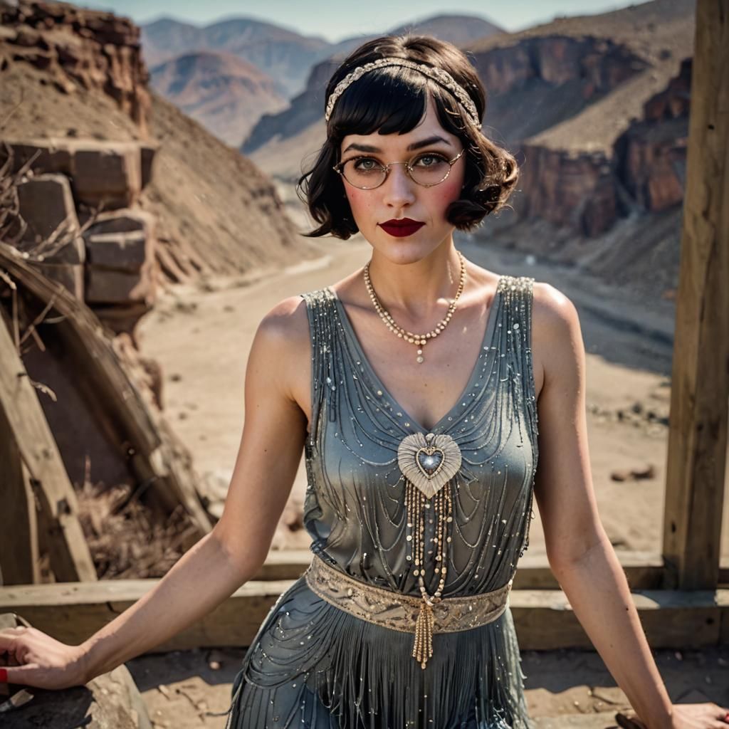 Flapper Girl in Desert Landscape, Hyperrealistic Style