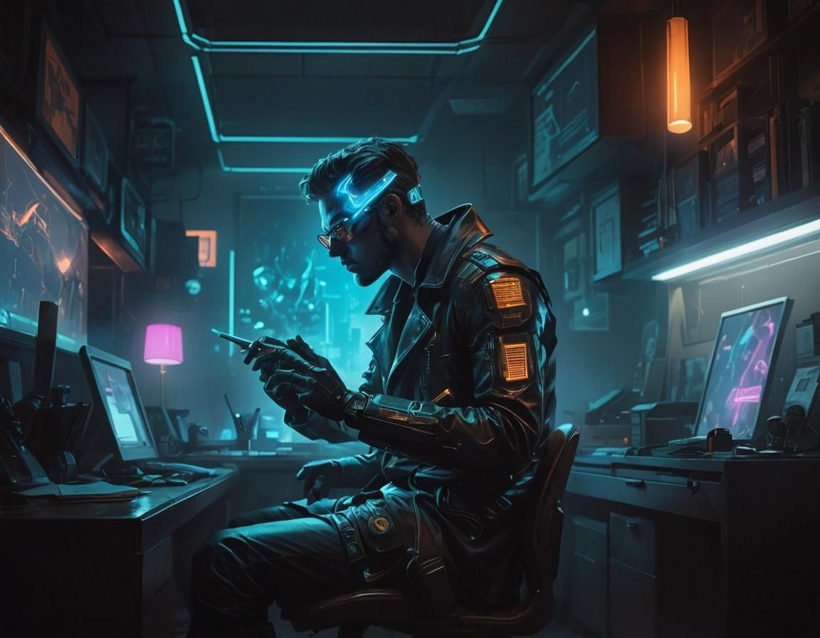 Neon Noir Futures Trader in Retro-Futuristic Office