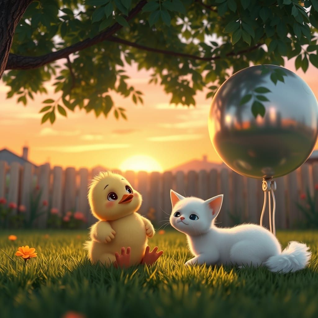 Whimsical Sunset Scene in a Cozy Anime-Inspired Backyard