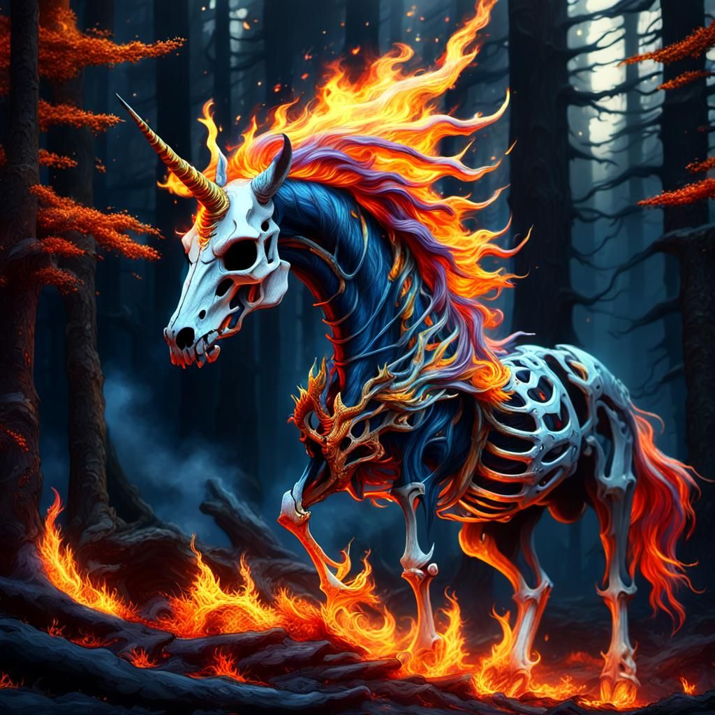 Flaming Skeleton Unicorn in Dark Fantasy Art