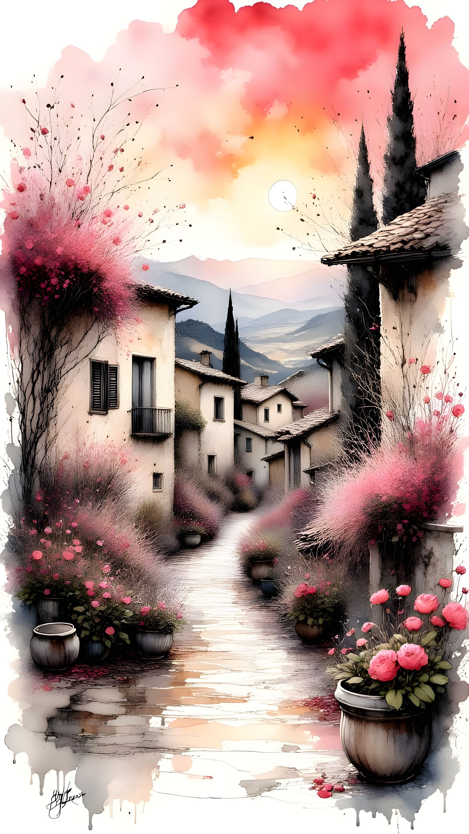 Surreal Italian Countryside Scene in Ink Poetry Style