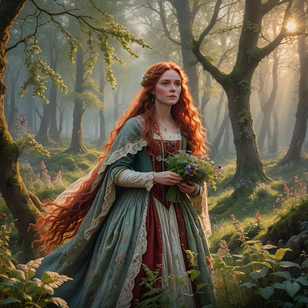 Spring Forest Sunrise with Woman Collecting Herbs