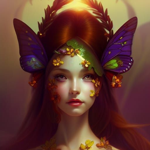 Golden Spring Fairy with Fruits and Butterflies