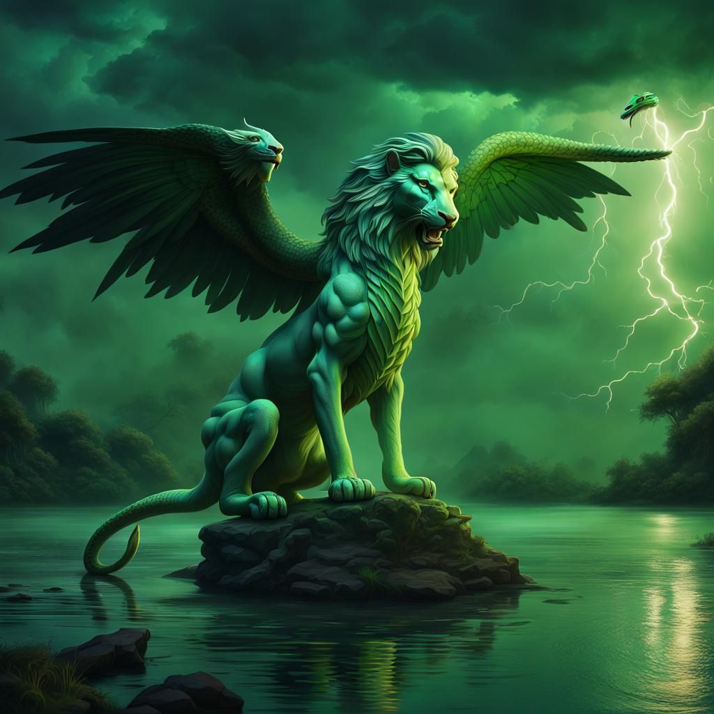Single-Winged Lion Creature Under Lightning