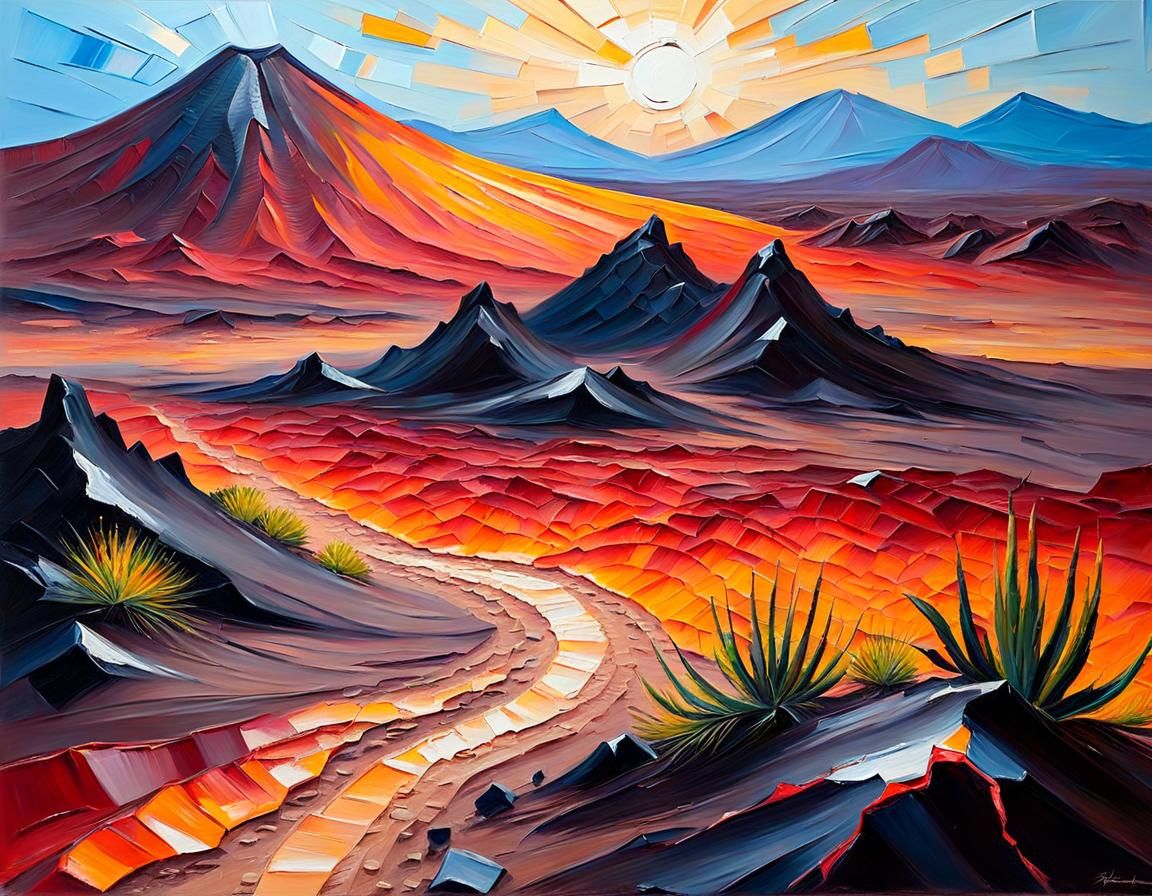 Volcanic Desert Landscape as Impasto Oil Painting