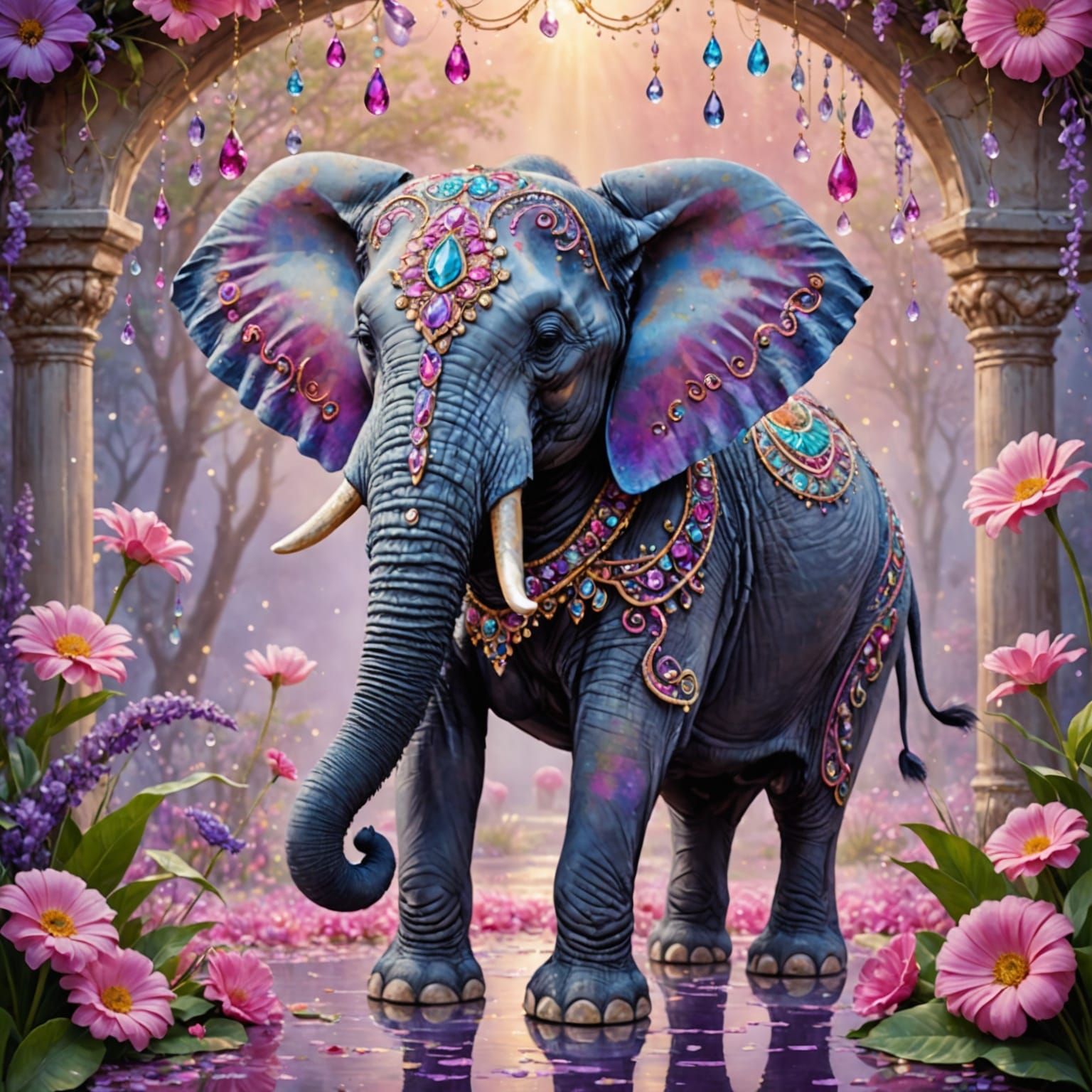 A whimsical scene staging a beautifully poised elephant, wit...