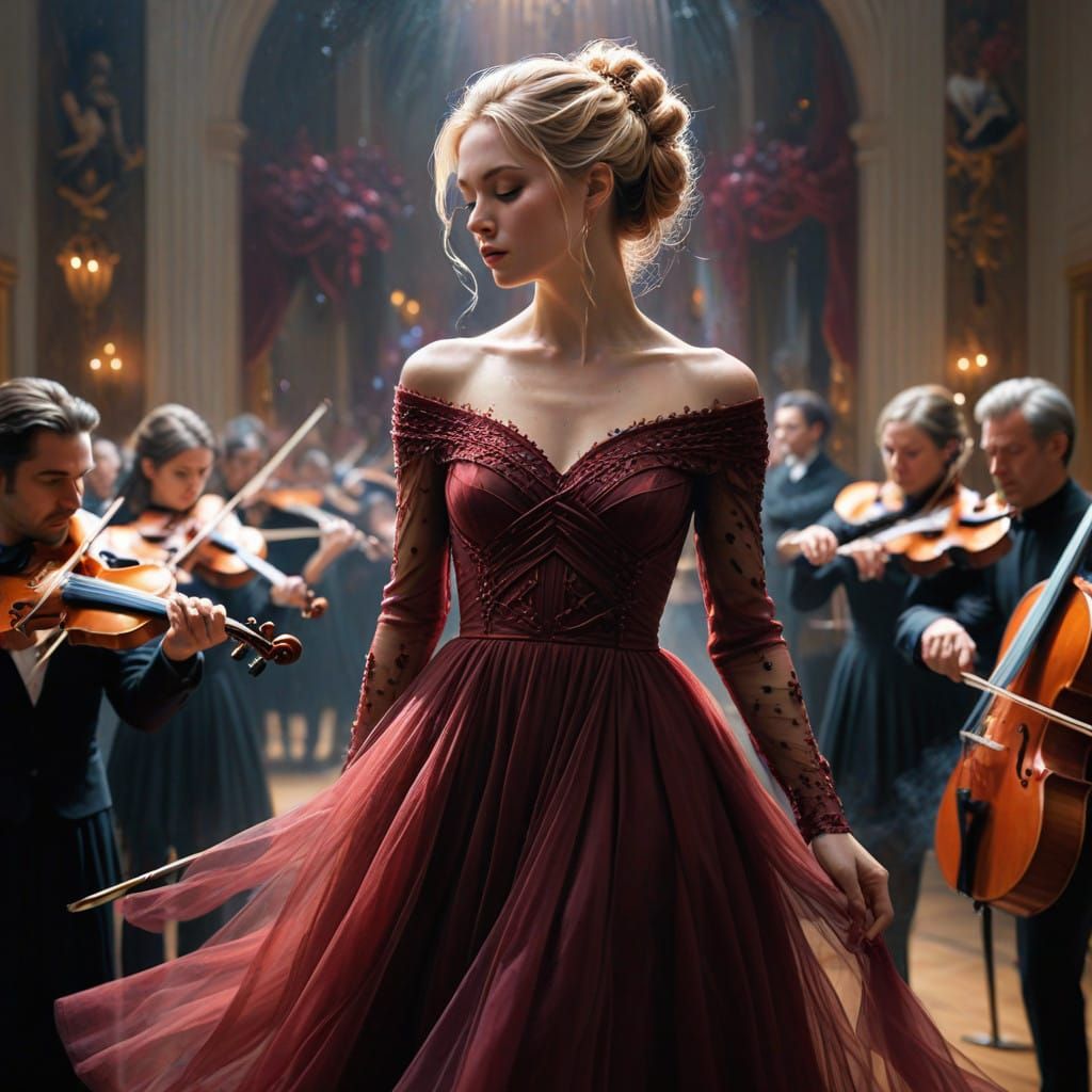 Singer in Burgundy Tulle Dress Performs with Orchestra in Ro...