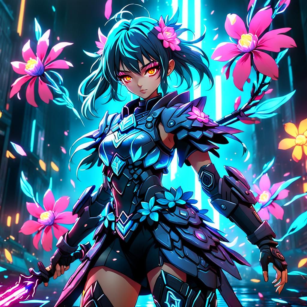 Neon Flower Warrior: Anime Girl in Detailed Digital Art