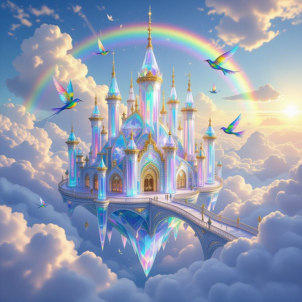 Surreal Crystal Palace Floating in Clouds with Rainbows
