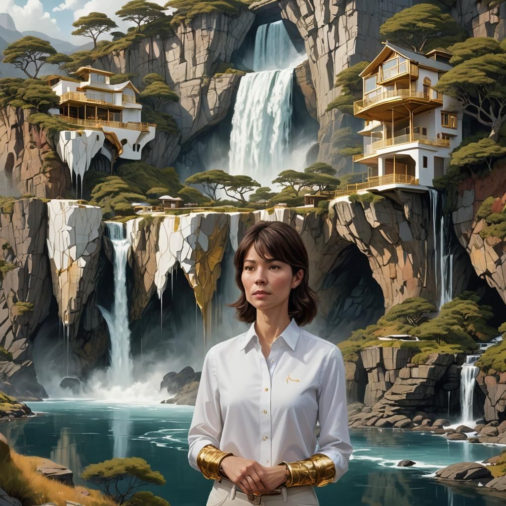 Woman at Cliffside House with Fractal Architecture