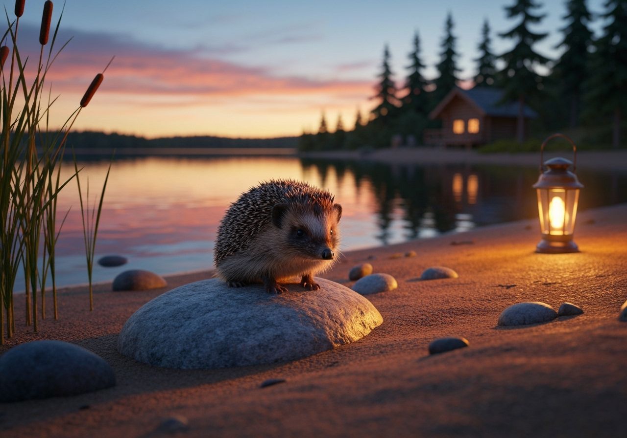 Hedgehog at Sunset by Lake with Cabin