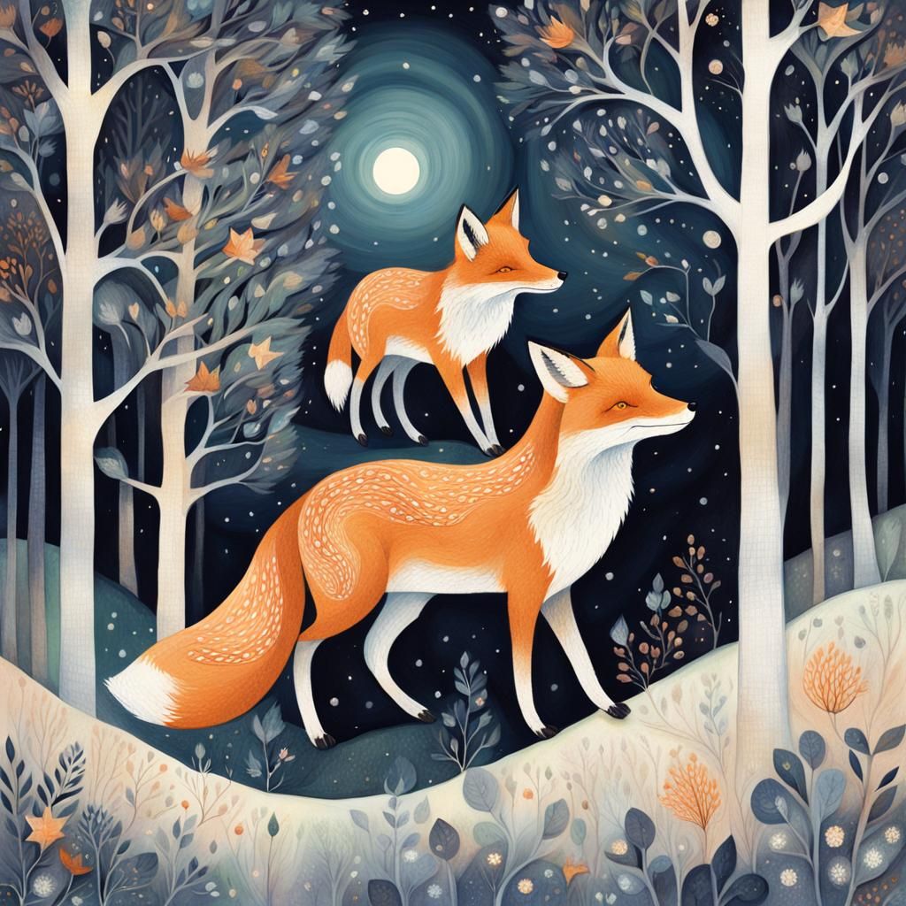 Three Foxes Playing in Moonlit Forest