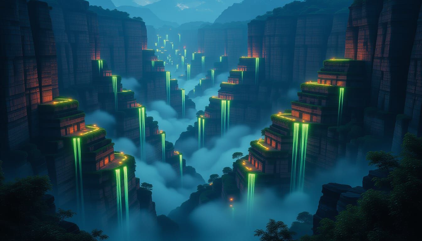 Surreal Midnight Canyon with Neon Terraced Gardens