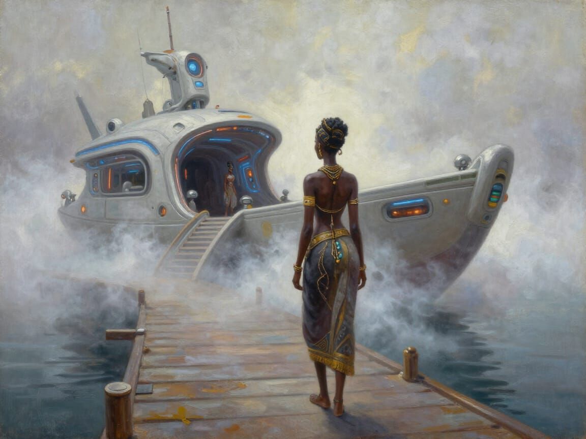 Afrofuturistic Princess Sees Cyberpunk Boat on Pier
