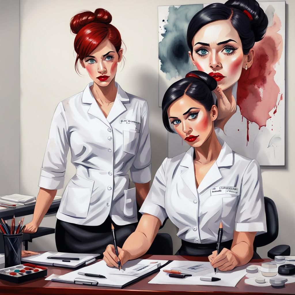Office Women with Hypnotic Eyes in Gouache Style