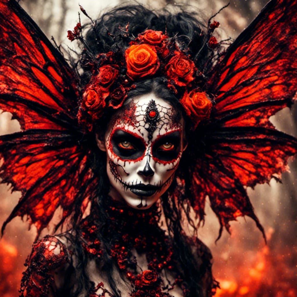 Skeletal Zombie fairy. Red, black and orange <lora:horror:1.0>