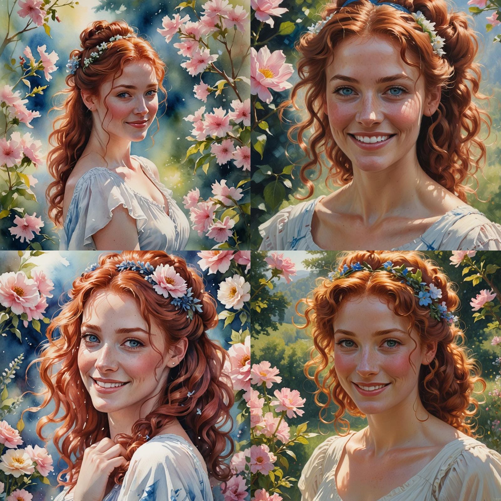 Smiling Redhead Portrait in Watercolor Fantasy Style