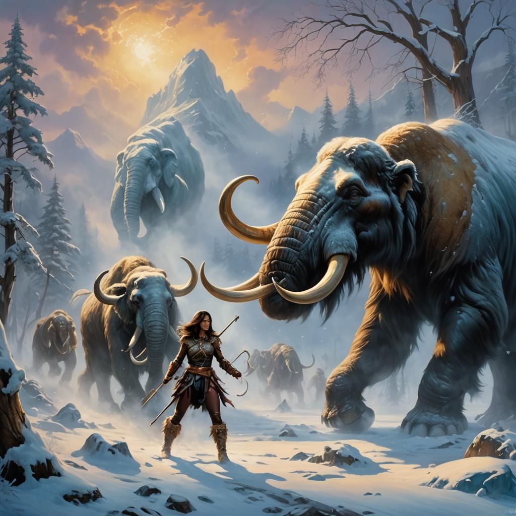 Arctic Ninja Woman Hunts Mammoth in Fantasy Style