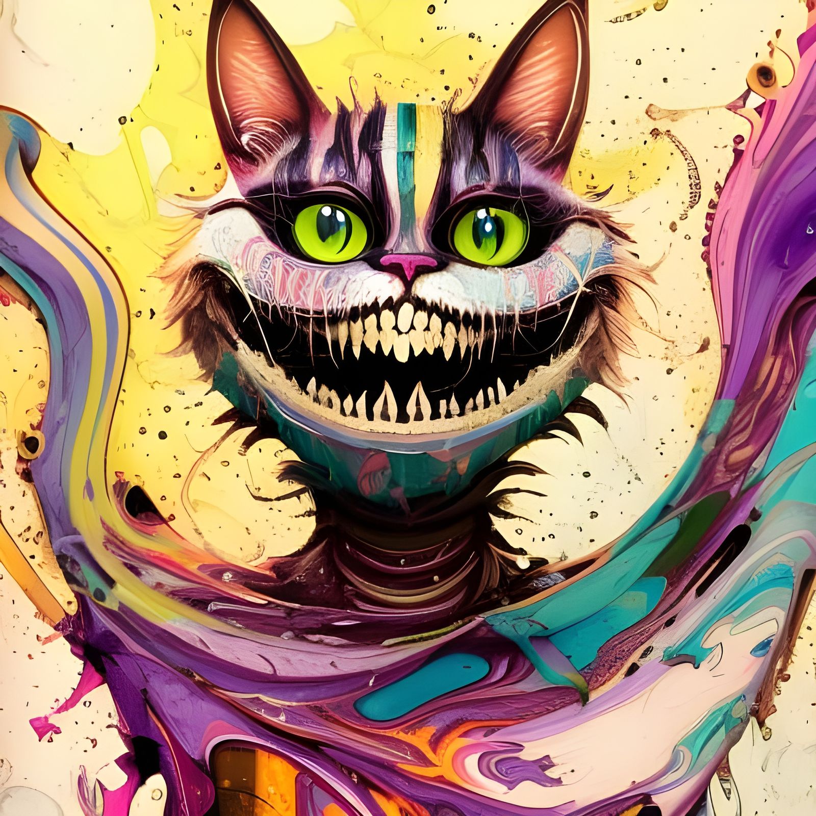 Explosive Cheshire Cat Portrait in Gouache Style
