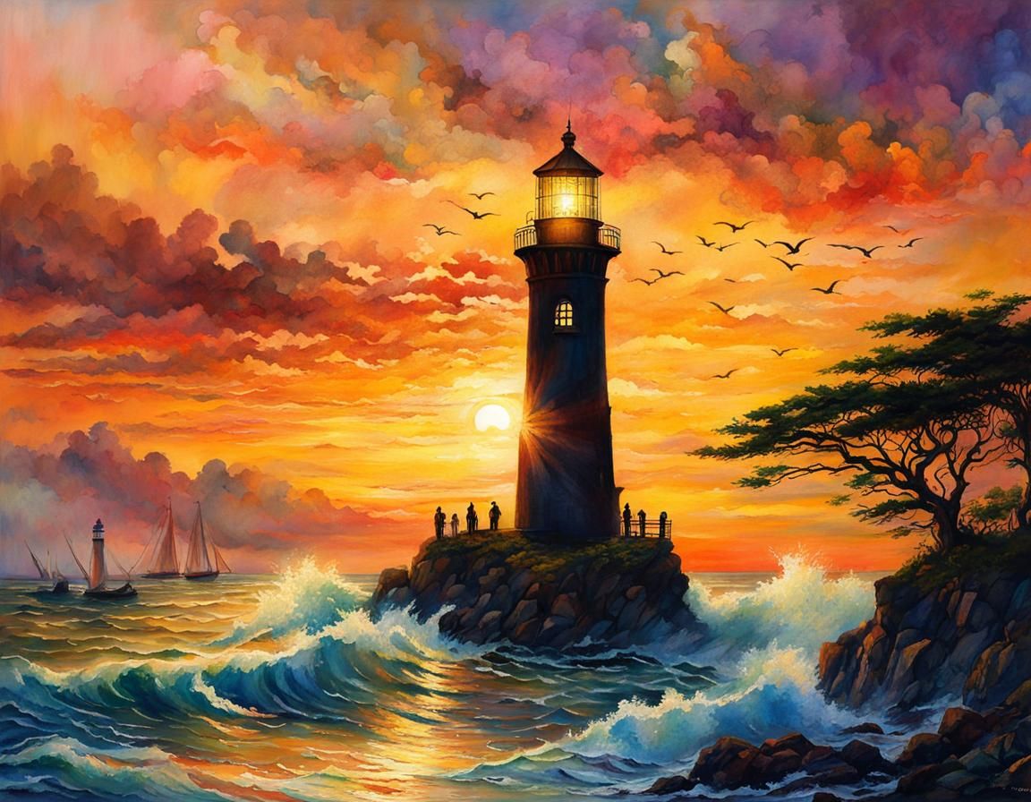 Lighthouse Seascape in Watercolor Double Exposure