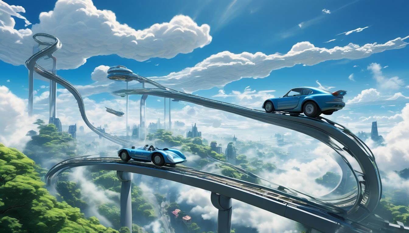 Coaster Cars Pierce Billowing Clouds in Anime Style