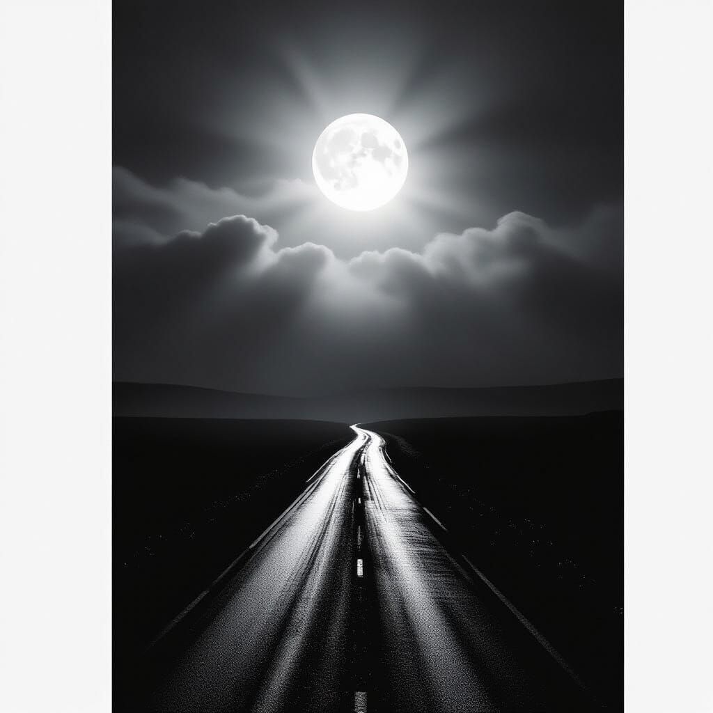 Black and White Moonlight Scene with Dramatic Shadows