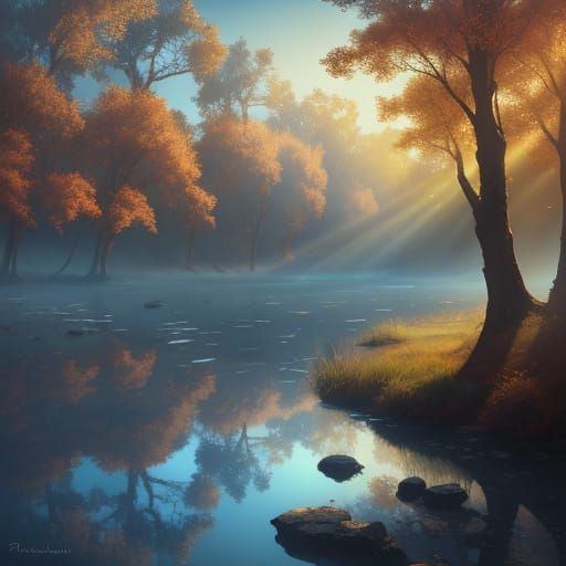 Majestic Riverbank Scene in Vibrant Fantasy Digital Art