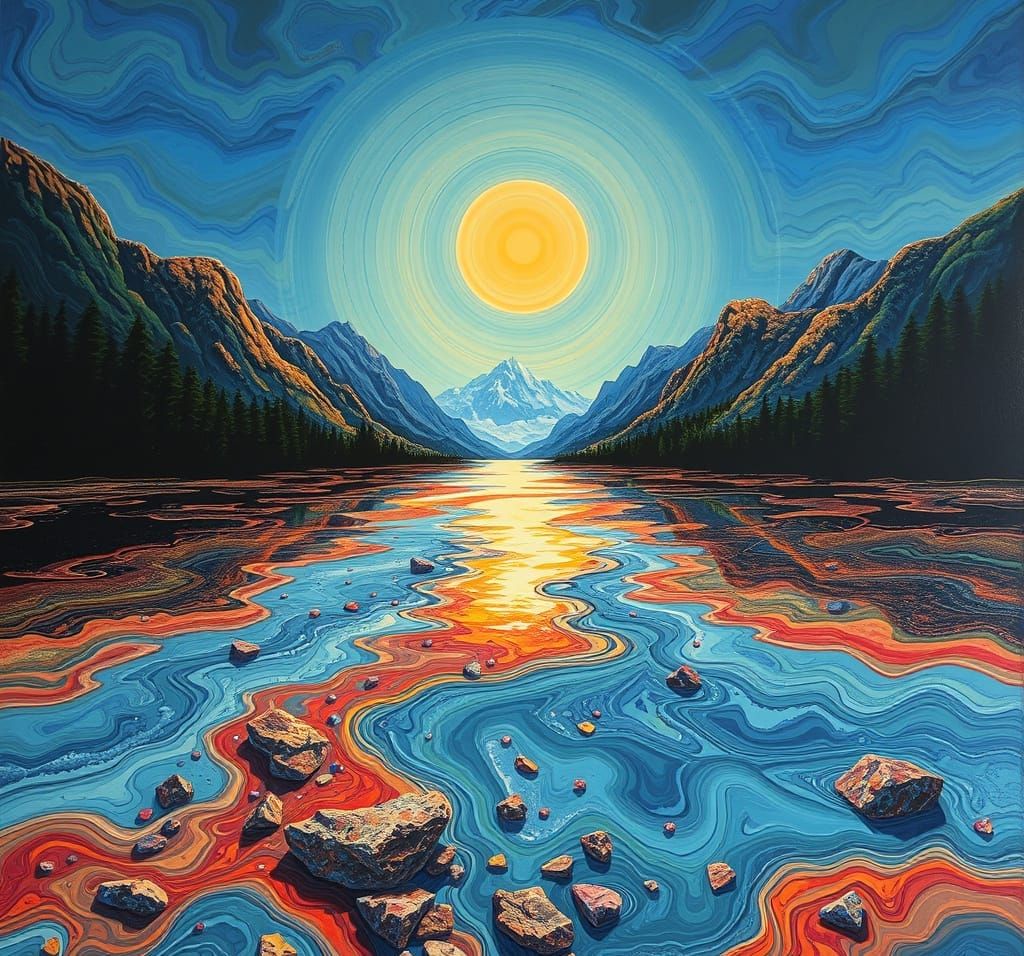 Mountain Lake Acrylic Painting with Flowing Movements