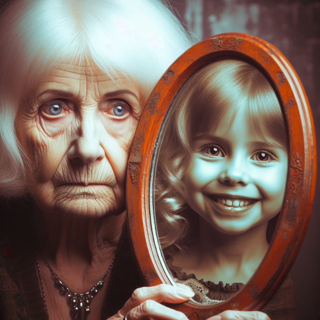 Elderly Woman Sees Joyful Childhood Self in Vintage Mirror