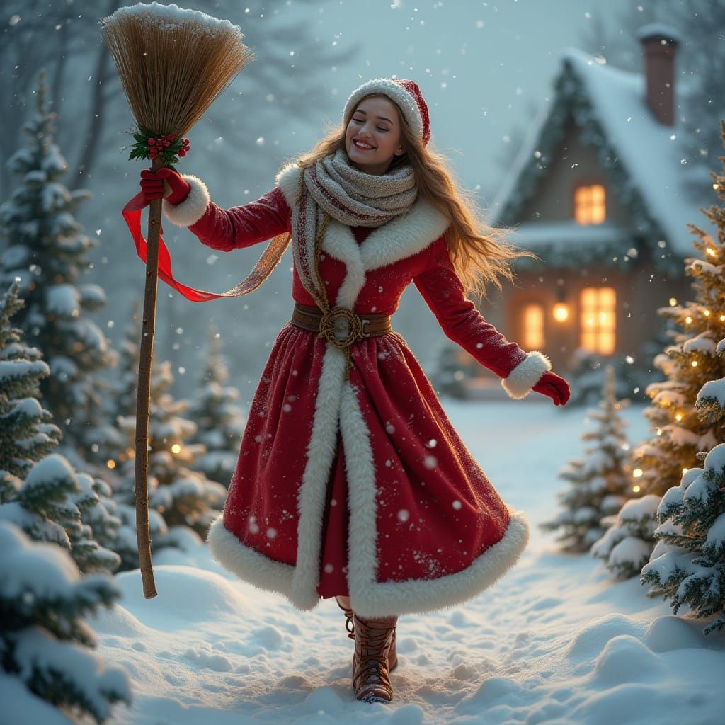 Joyful Woman Dancing in Snowy Christmas Scene