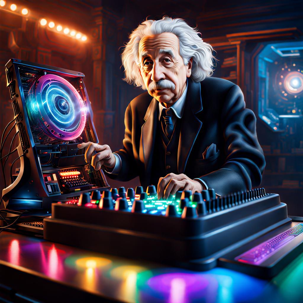 albert einstein playing a custom built quantum computer gaming setup Hyper Realistic, splash art, concept art, mid shot,...
