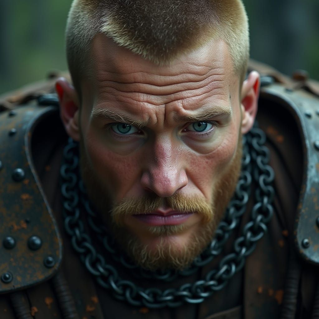 Rugged Warrior in Grizzled Chainmail Armor
