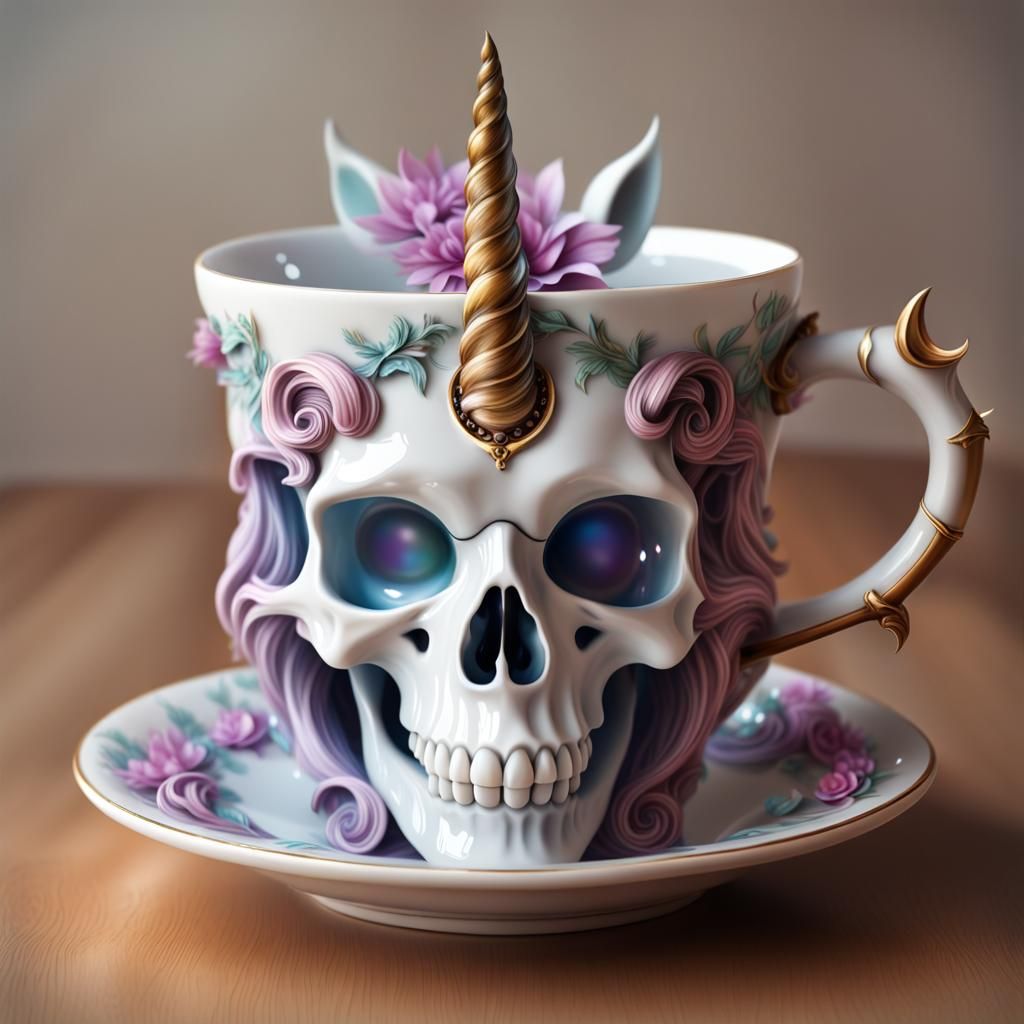 Unicorn Skull Teacup: A Realistic Photo