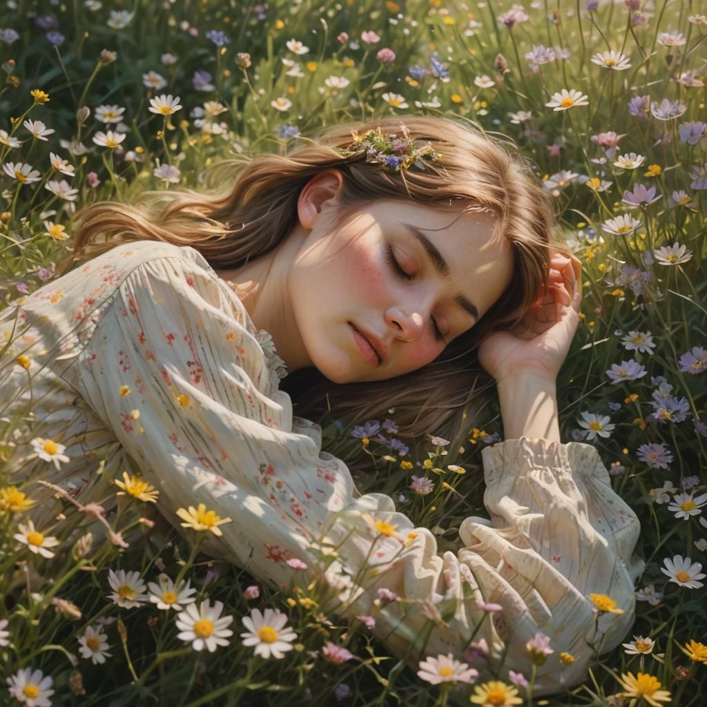 Girl Sleeping in Wildflowers: Impressionist Style