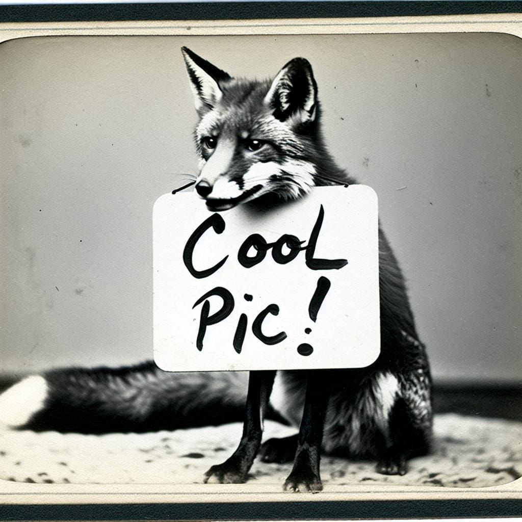 Antique Photograph of Fox Holding 'Cool Pic!' Sign