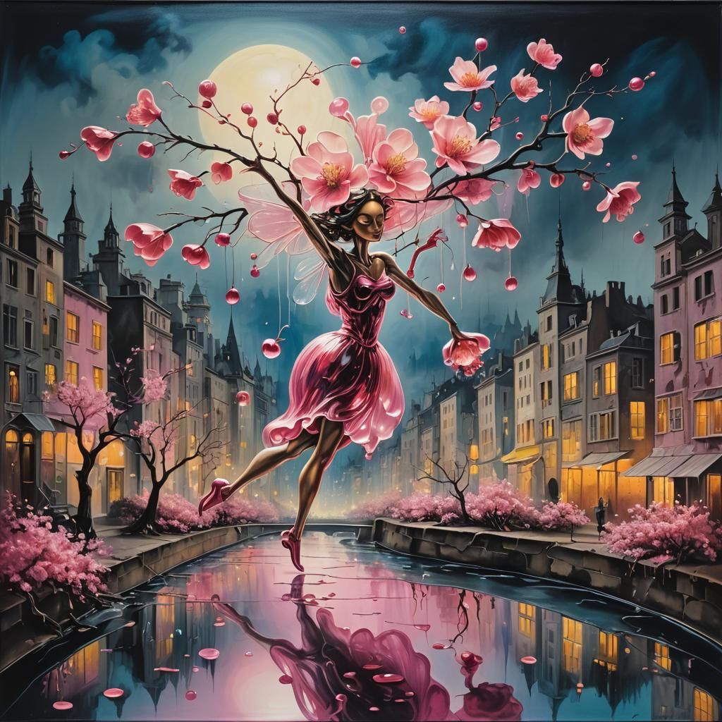 Pink Cityscape with Glass Fairy in Surreal Style