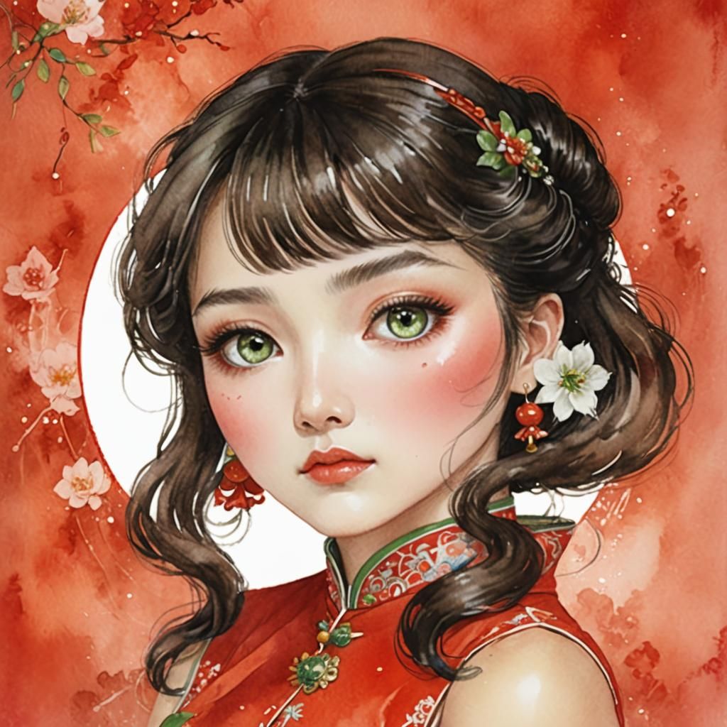Fantasy Watercolor Brunette in Cheongsam, Fairycore Illustra...