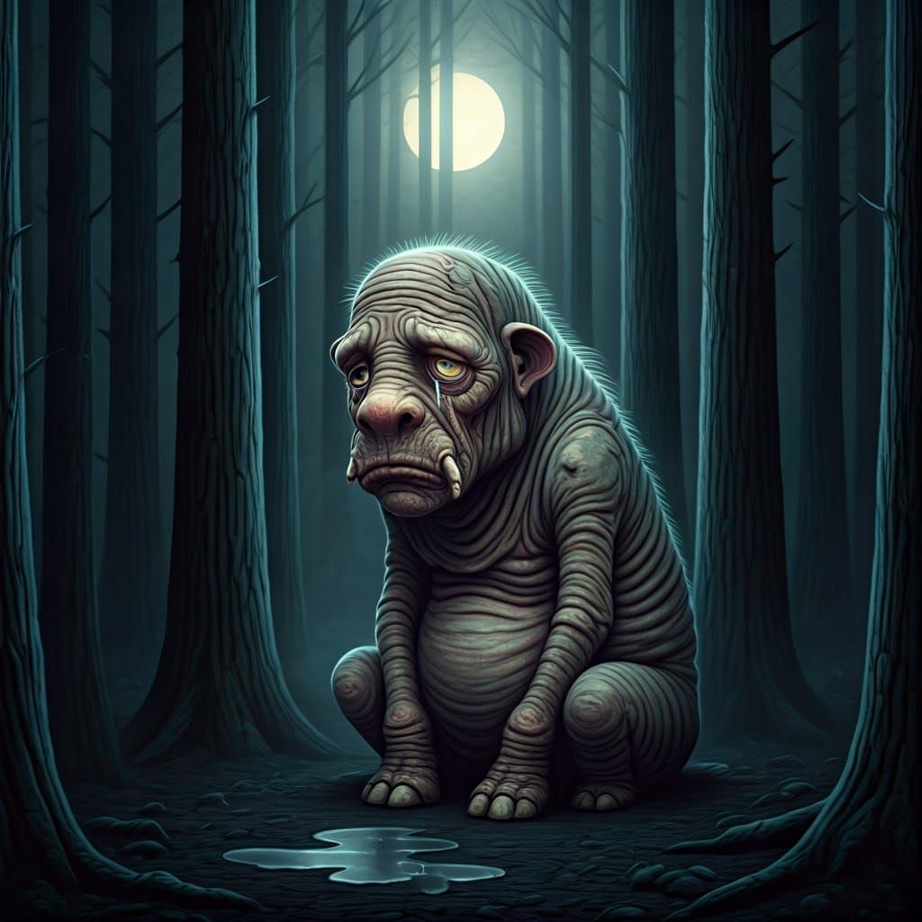 Ancient, Wrinkled Creature in Lunar Hush