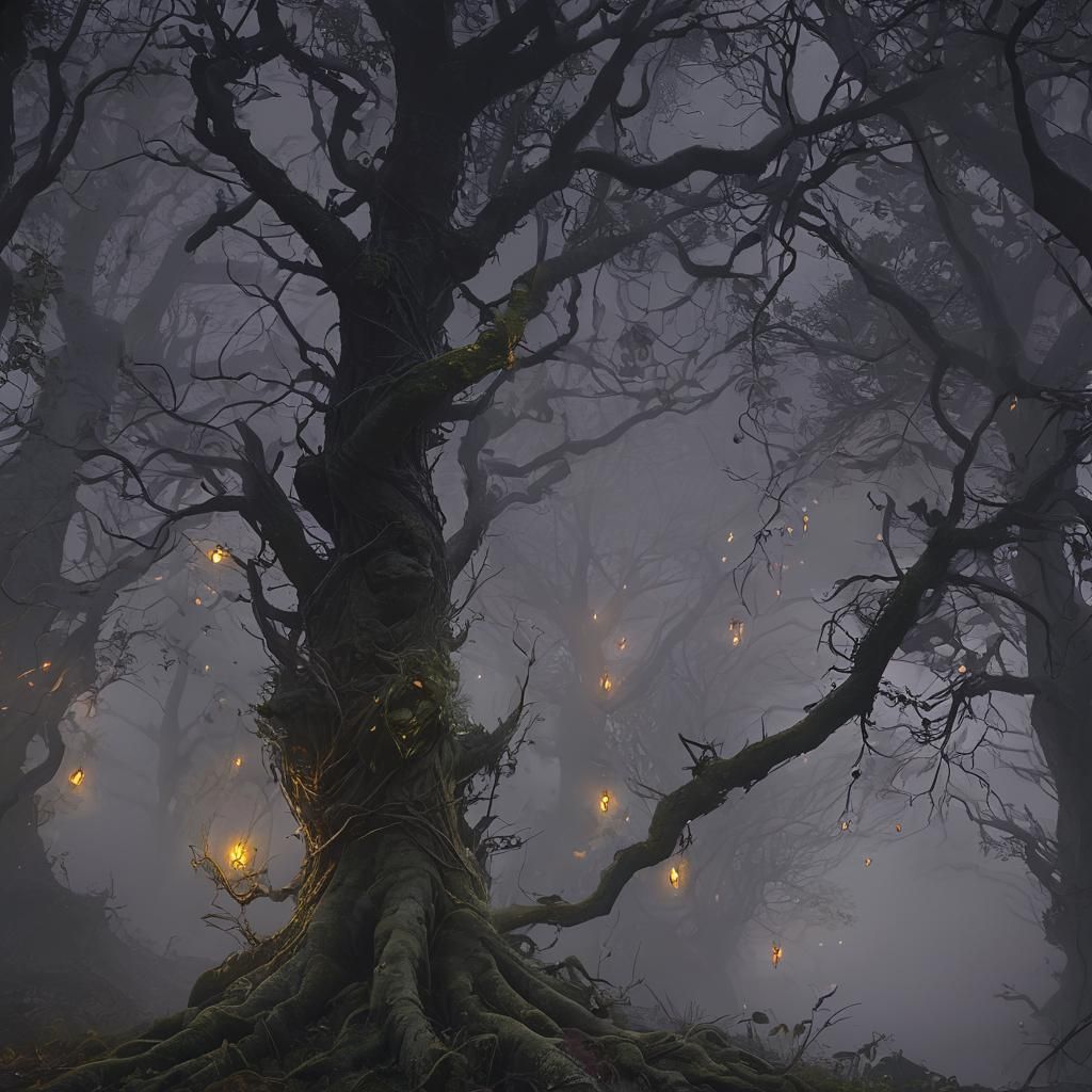Glowing Eyes in Misty Dark Fantasy Forest