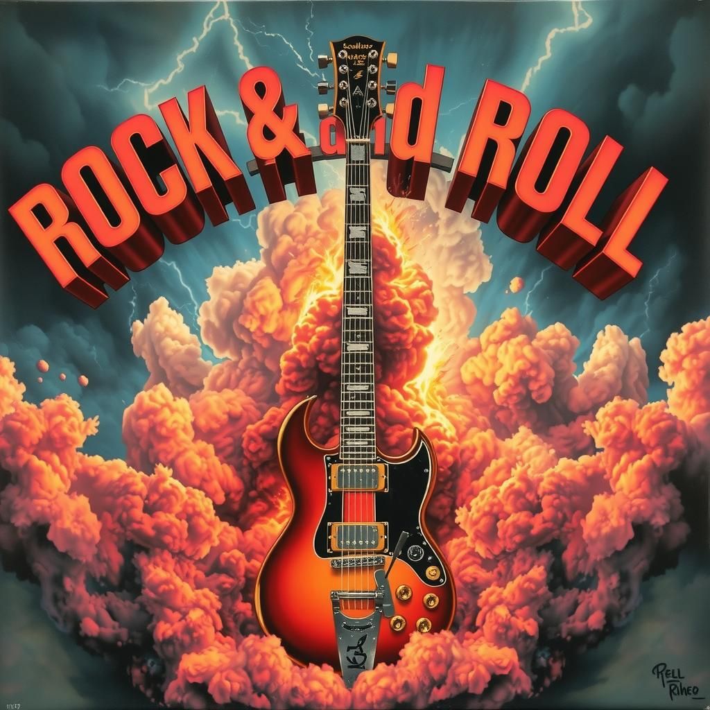Electric Guitar in Stormy Clouds with 3D Rock Slogan