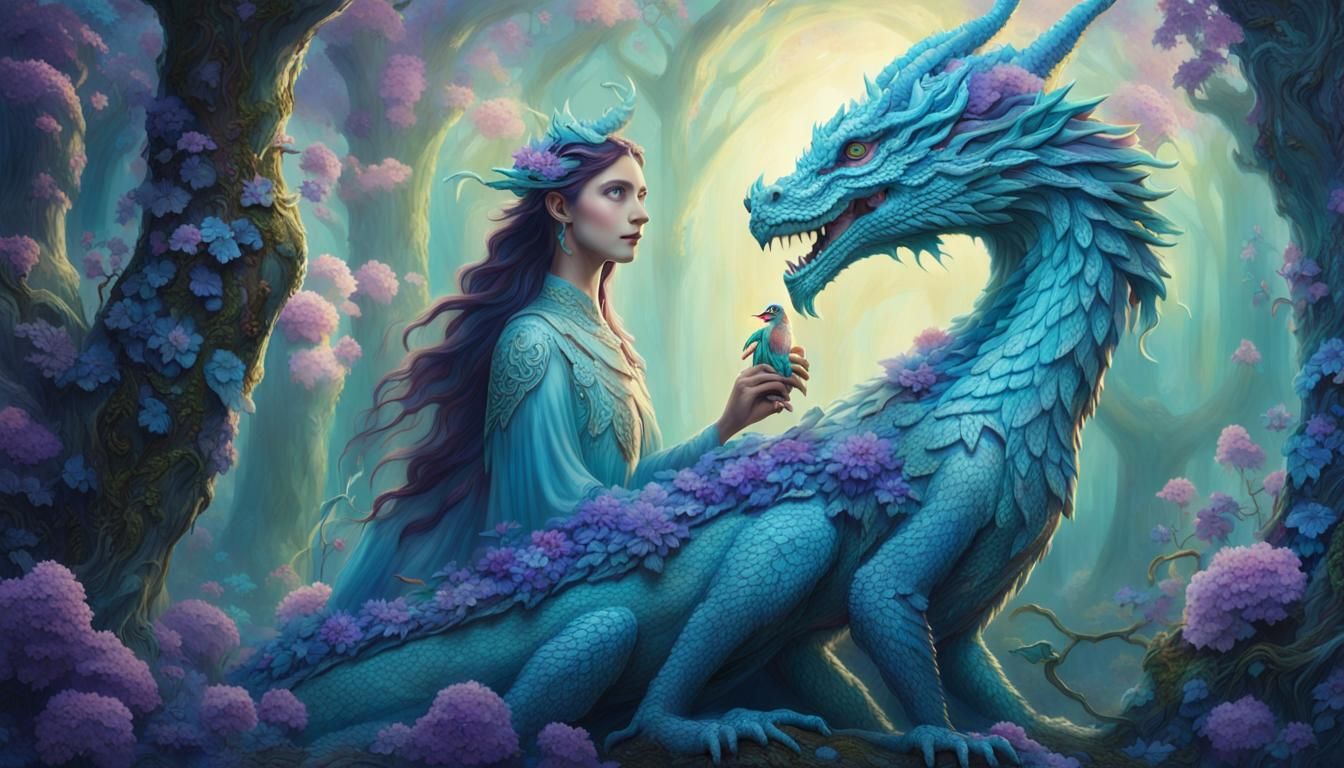 Dreamlike Forest Woman-Dragon in Art Brut Style