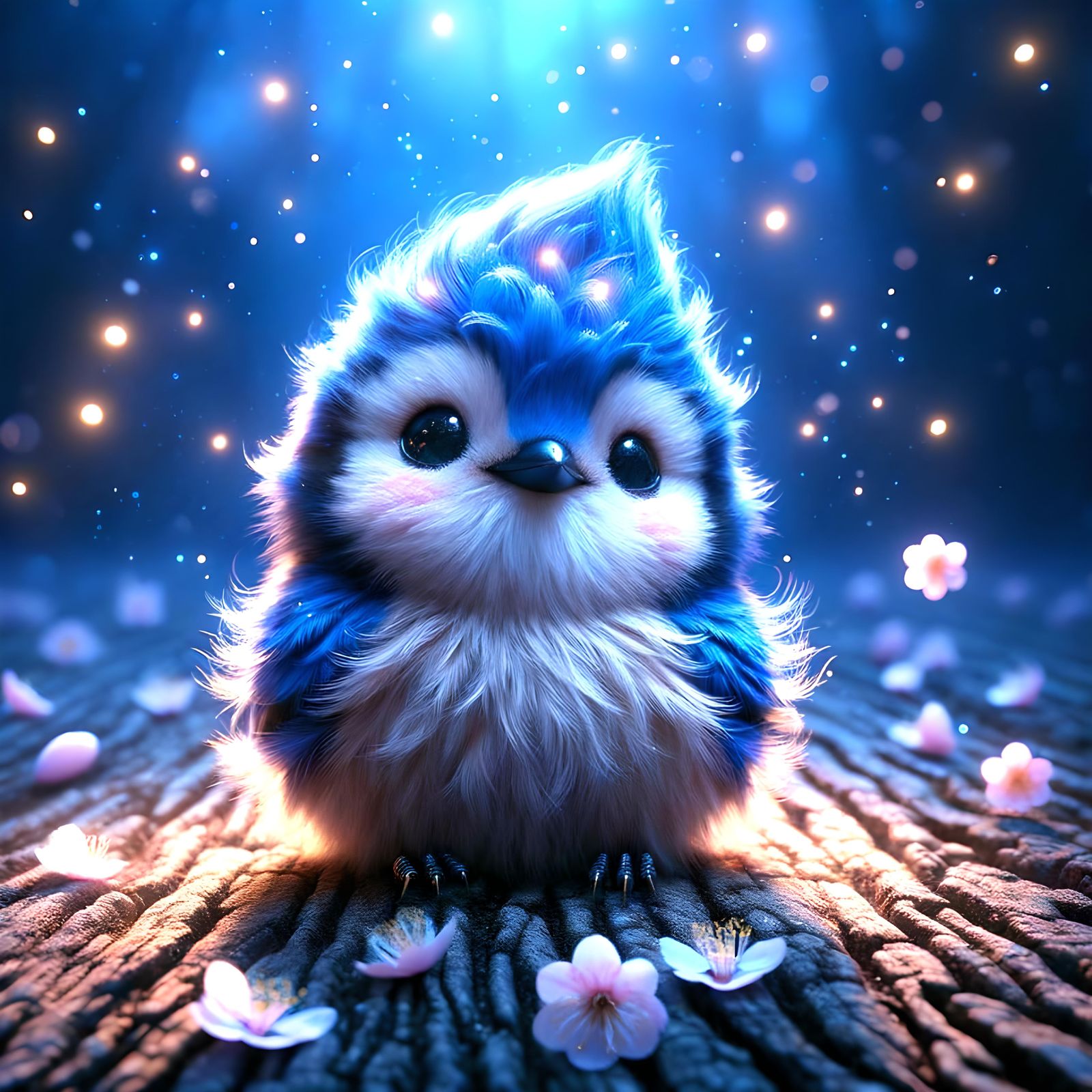 Blue Jay with Fireflies in Digital Art Style