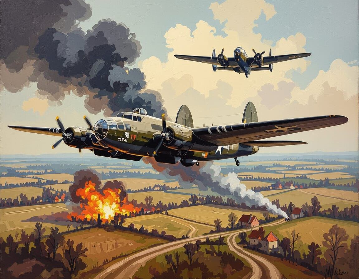 WWII B-24 Bombers Over European Battlefield in Impasto Style
