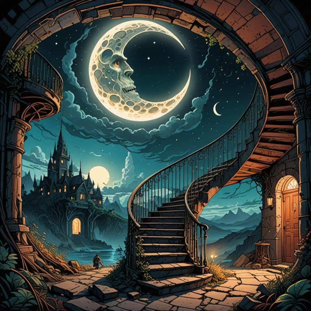 Surreal Comic Book Art of a Glowing Spiral Staircase to the ...